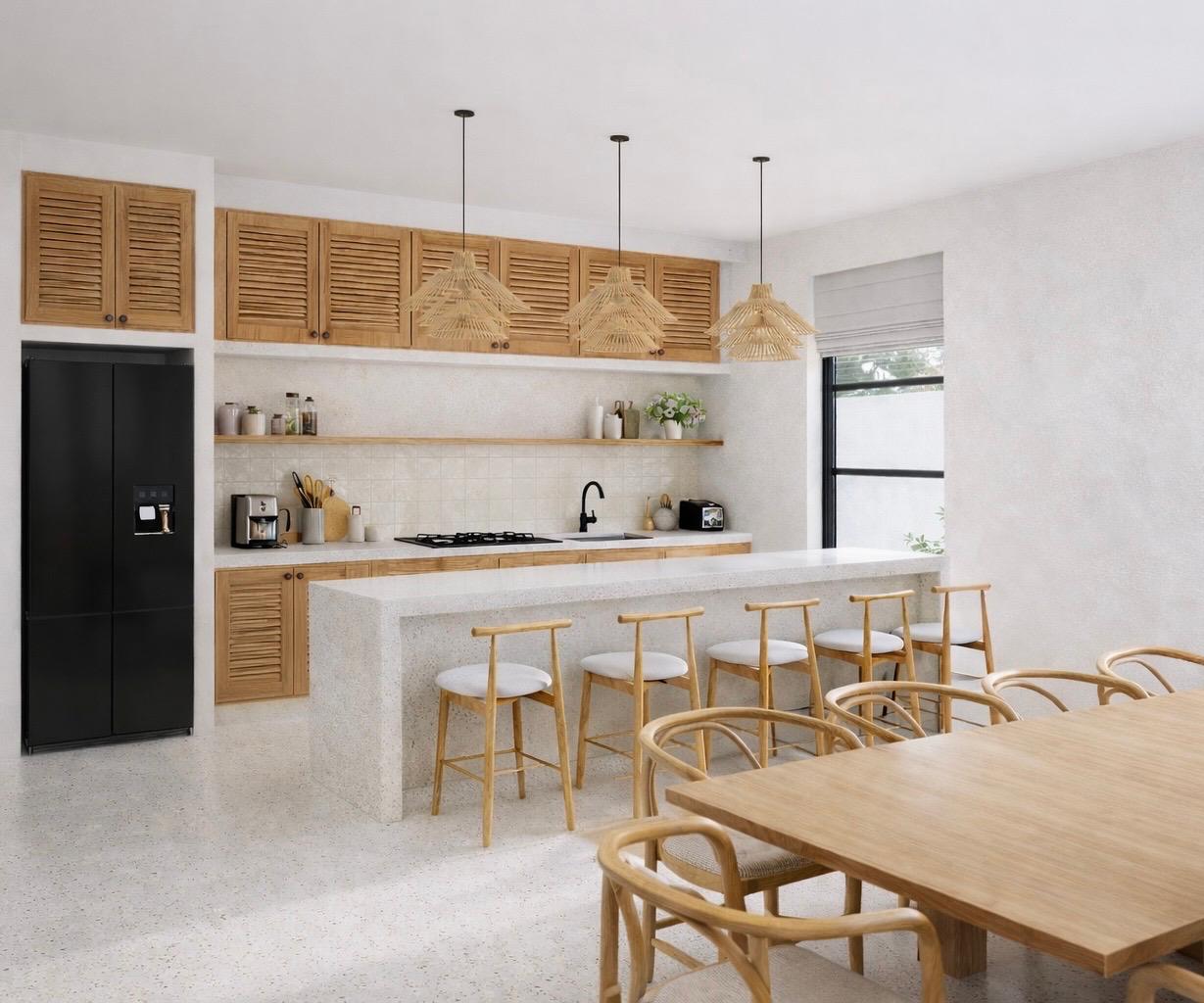 Galu Bungalow — open-plan kitchen with rattan pendants